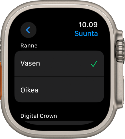 Suunta-näyttö Apple Watchissa. Voit asettaa rannetta ja Digital Crownia koskevat asetukset.