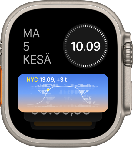 Apple Watch Ultrassa näkyy älykäs pino ja siinä kolme widgettiä: ylävasemmalla ovat viikonpäivä ja päivämäärä, yläoikealla digitaalinen kellonaika, ja keskellä on Maailmankello.