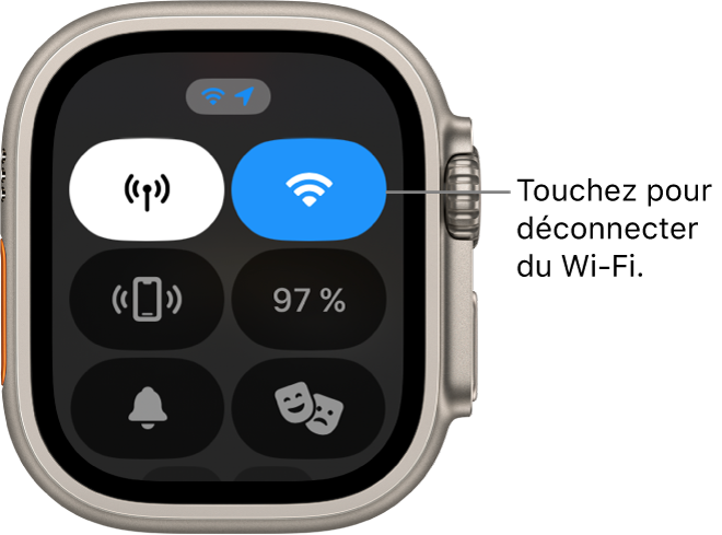 Le centre de contrôle sur l’Apple Watch Ultra avec le bouton Wi‑Fi en haut à droite. La légende indique « Toucher pour déconnecter le Wi-Fi ».