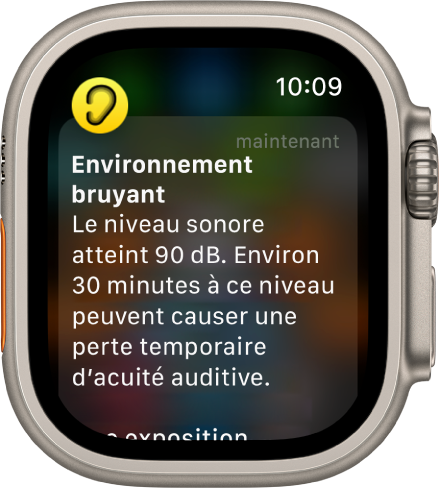 L’Apple Watch qui affiche une notification de Bruit. L’icône de l’app associée à la notification s’affiche en haut à gauche. Touchez-la pour ouvrir l’app.