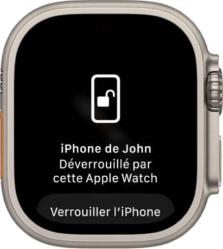 L’écran de l’Apple Watch affiche les mots « iPhone de Gilles déverrouillé par cette Apple Watch ». Le bouton Verrouiller l’iPhone se trouve ci-dessous.