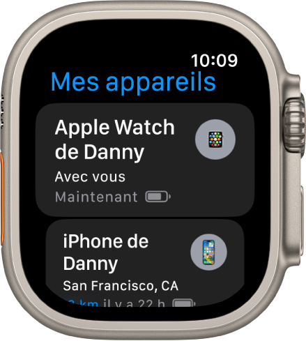 L’app Mes Appareils qui affiche deux appareils : une Apple Watch et un iPhone.