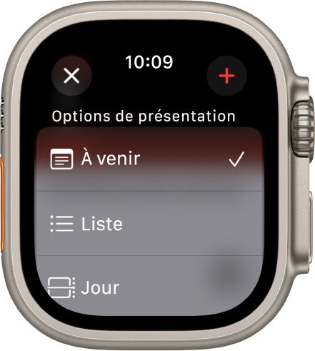 Écran Calendrier qui affiche un bouton Nouvel événement en haut et trois options de présentation en dessous : À venir, Liste et Jour. Le bouton Ajouter se situe en haut à droite.