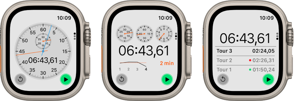 L’app Chronomètre propose trois types de chronomètres : un chronomètre analogique, un chronomètre hybride qui affiche le temps dans les formats analogue et numérique, et un chronomètre numérique doté d’un compteur de tours. Chaque chronomètre affiche les boutons Démarrer et Réinitialiser.