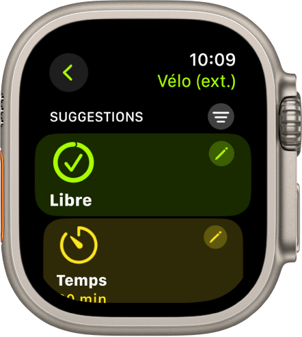 L’app Exercice qui affiche un écran pour modifier un entraînement Vélo (ext.). La vignette Libre se trouve au centre avec un bouton Modifier en haut à droite. Une partie de la vignette Temps est visible en dessous.