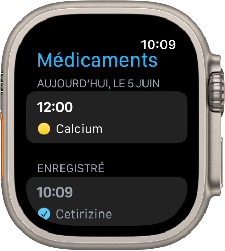 L’écran Médicaments qui affiche un médicament à prendre à midi et une médication enregistrée.
