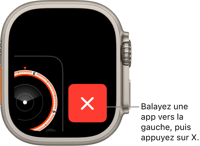 Le sélecteur d’app qui affiche un gros X à droite et une portion de l’app à gauche. Touchez le X pour supprimer l’app du sélecteur d’app.