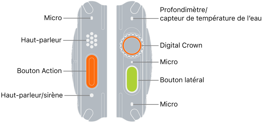 Les deux côtés de l’Apple Watch Ultra L’image de gauche présente l’arrière et le côté gauche de l’Apple Watch Ultra. De haut en bas, légendes pointant un micro, un haut-parleur, le bouton Action et un port de haut-parleur dédié à la sirène. L’image de droite présente l’arrière et le côté droit de l’Apple Watch Ultra. De haut en bas, légendes pointant la jauge de profondeur et le capteur de température de l’eau, la Digital Crown, le micro, le bouton latéral et un autre micro.