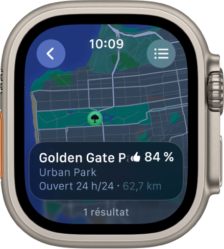 L’app Plans qui affiche un plan du parc du Golden Gate à San Francisco, accompagné d’une note, de ses heures d’ouverture et de la distance qui le sépare de votre position actuelle. Un bouton Itinéraires s’affiche en haut à droite. Un bouton Retour se trouve en haut à gauche.
