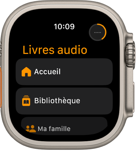 L’app Livres audio qui affiche les boutons Accueil, Bibliothèque et Ma famille.