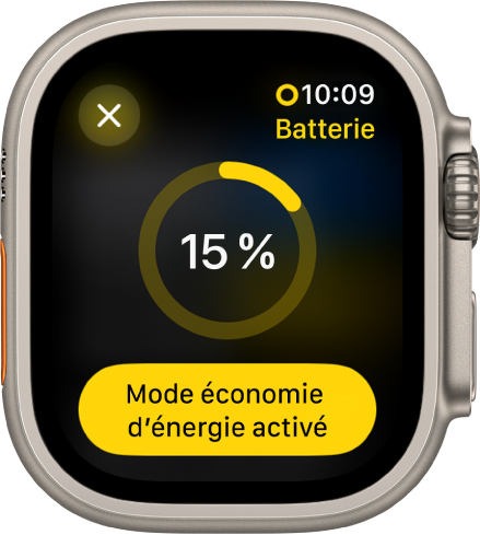 Écran Mode économie d’énergie avec un anneau partiellement jaune qui indique l’autonomie restante. Le pourcentage 15 % se trouve au centre de l’anneau. Le bouton Mode économie d’énergie activé se situe en bas. Un bouton Fermer se trouve en haut à gauche.