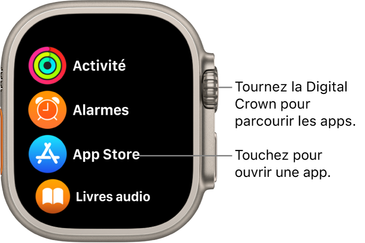 L’écran d’accueil de l’Apple Watch en présentation par liste, avec des apps sous forme de liste. Touchez une app pour l’ouvrir. Faites défiler l’écran pour afficher davantage d’apps.
