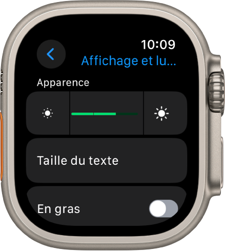 Les réglages de luminosité de l’Apple Watch avec le curseur Luminosité dans le haut et le bouton Taille du texte en dessous.