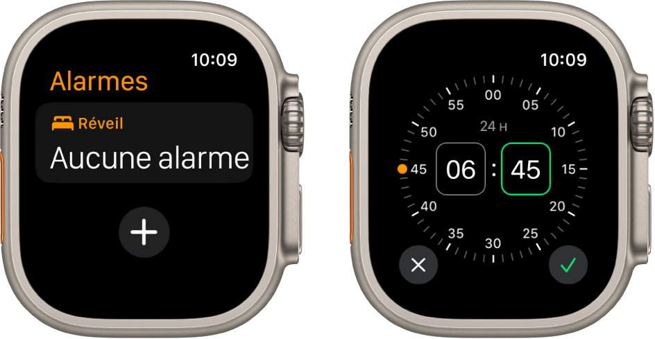 Deux écrans d’Apple Watch qui montrent comment ajouter une alarme : Touchez Ajouter une alarme, touchez AM ou PM le cas échéant, tournez la Digital Crown pour régler l’heure, puis touchez la coche.