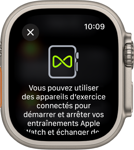 Un écran de jumelage qui s’affiche lorsque vous jumelez votre Apple Watch avec un équipement sportif.