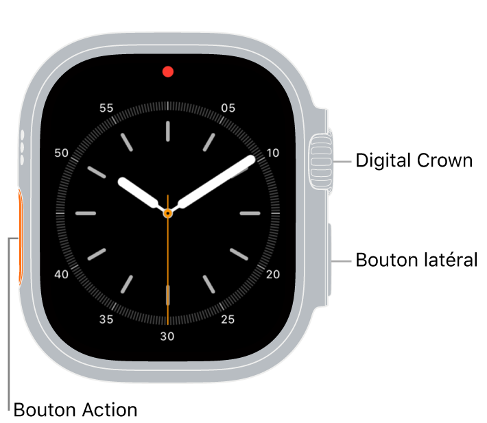 Le devant de l’Apple Watch Ultra, avec l’écran qui affiche le cadran, et la Digital Crown, le micro ainsi que le bouton latéral de haut en bas sur le côté de la montre.