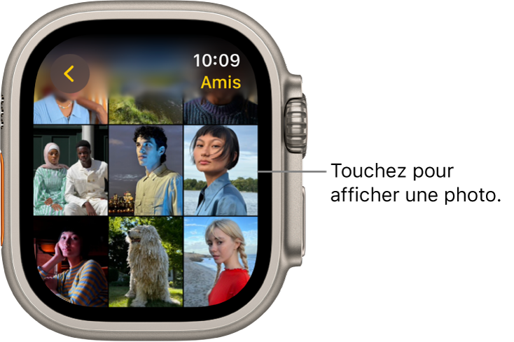 L’écran principal de l’app Photos de l’Apple Watch qui affiche plusieurs photos.