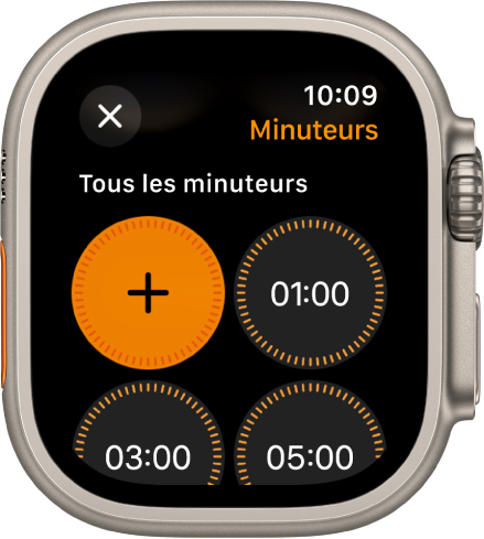 Écran de l’app Minuteur qui affiche le bouton Ajouter pour créer un minuteur et des minuteurs préréglés de 1, 3 ou 5 minutes.