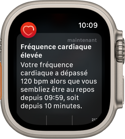 L’écran Fréquence cardiaque haute affiche une notification indiquant que votre fréquence cardiaque est montée en dessus de 120 battements par minute pendant 10 minutes alors que vous sembliez inactif.