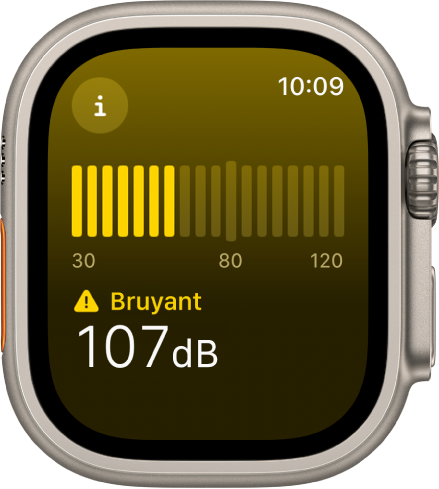 L’app Bruit qui affiche un niveau sonore de 107 décibels avec le mot « Bruyant » au-dessus. Un sonomètre se trouve au milieu de l’écran.