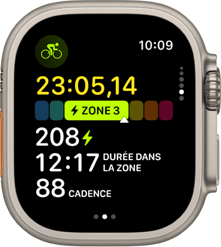 L’écran Exercice qui affiche les mesures d’un entraînement Vélo (ext.).