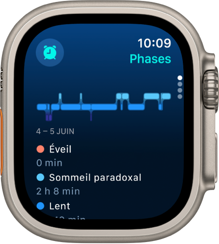 L’app Sommeil affichant une estimation du temps passé éveillé et de la durée des phases de sommeil paradoxal, lent et profond.