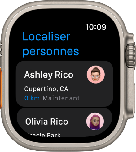 L’app Localiser personnes présentant deux amis et leurs positions approximatives.