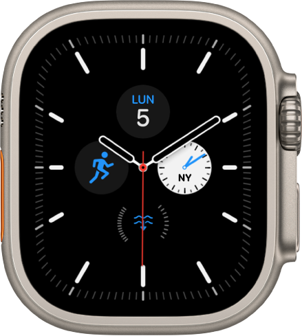 Cadran Méridien, sur lequel vous pouvez ajuster la couleur et les détails du cadran. Il affiche quatre complications au sein d’un cadran de montre : Date en haut, Fuseaux à droite, Profondeur en bas et Exercice à gauche.