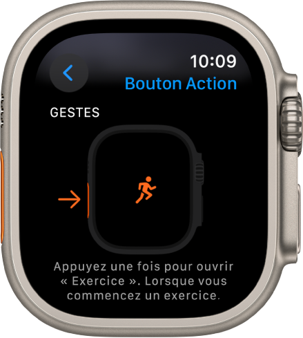 L’écran du bouton Action sur l’Apple Watch Ultra avec Exercice attribué comme action et app. Une pression unique sur le bouton Action permet d’ouvrir l’app Exercice.