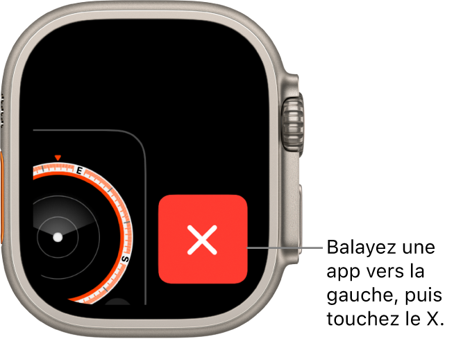Le sélecteur d’app présentant un grand X à droite et une portion d’une app à gauche. Touchez le X pour supprimer l’app du sélecteur d’app.