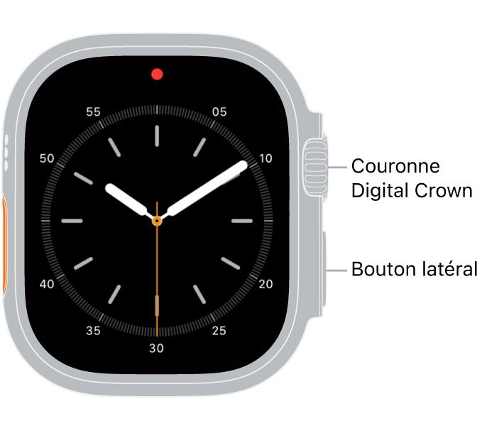 L’avant de l’Apple Watch Ultra, avec la Digital Crown en haut à droite de la montre et le bouton latéral en bas à droite.