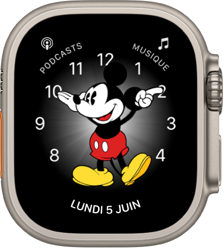 Cadran Mickey Mouse, auquel vous pouvez ajouter de nombreuses complications. Il affiche trois complications : Podcasts en haut à gauche, Musique en haut à droite et Date en bas.