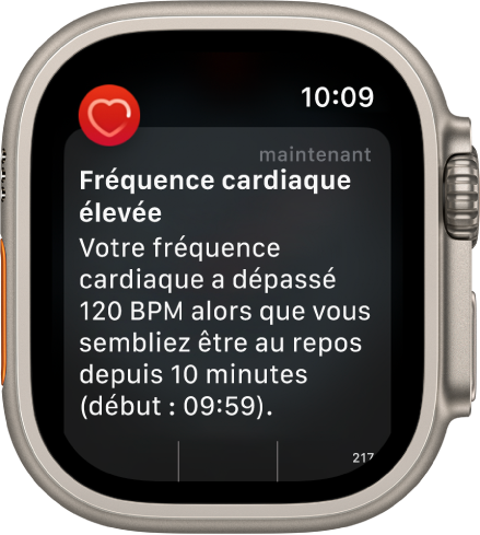 L’écran Fréquence cardiaque élevée affichant une notification mentionnant que votre fréquence cardiaque a dépassé 120 bpm pendant 10 minutes alors que vous sembliez inactif.