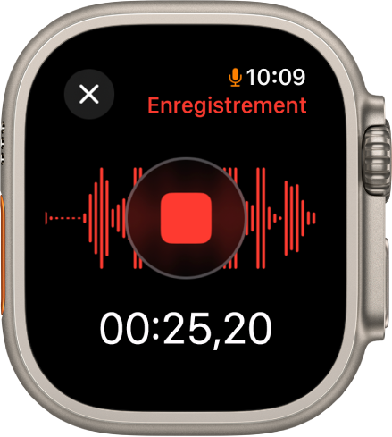 L’app Dictaphone en plein enregistrement d’un mémo. Un bouton Arrêter rouge apparaît au milieu de l’écran. En dessous est affiché le temps d’enregistrement écoulé. Le mot Enregistrement apparaît en haut à droite.