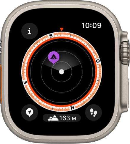 L’app Boussole affichant un point de repère dans un cadran. Le bouton Informations, se trouve en haut à gauche, le bouton « Points de repère » en bas à gauche, le bouton Altitude en bas au milieu et le bouton « Point de départ » en bas à droite.