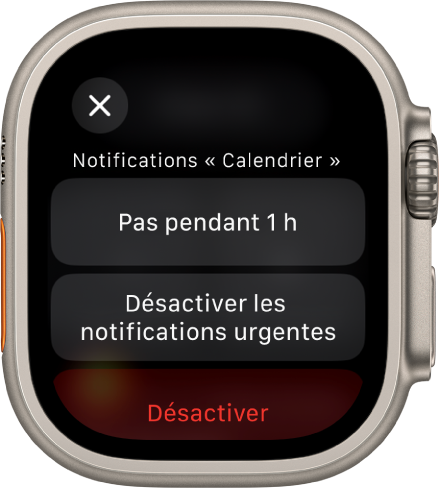 Réglages de notification sur l’Apple Watch. En haut se trouve le bouton Pas pendant 1 h. Les boutons Désactiver les notifications urgentes et Désactiver figurent en dessous.