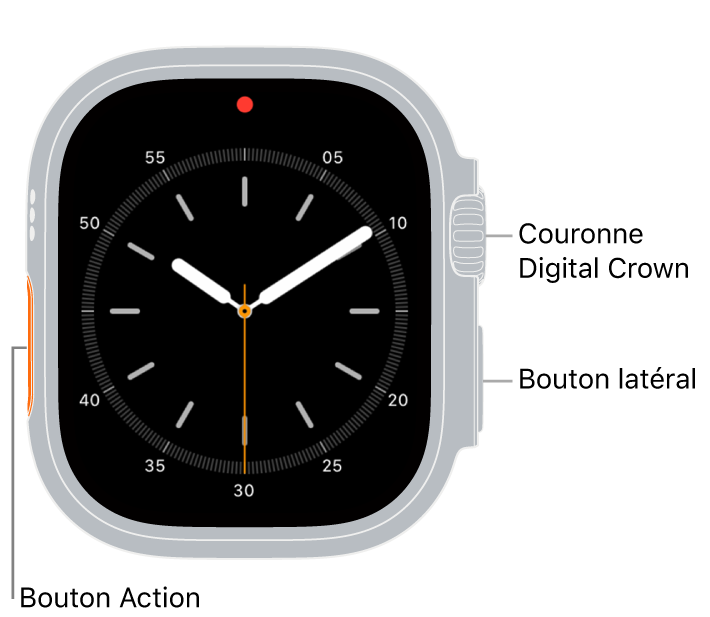 L’avant de l’Apple Watch Ultra, avec l’écran affichant le cadran et, sur le côté de la montre, de haut en bas, la Digital Crown, le micro et le bouton latéral.