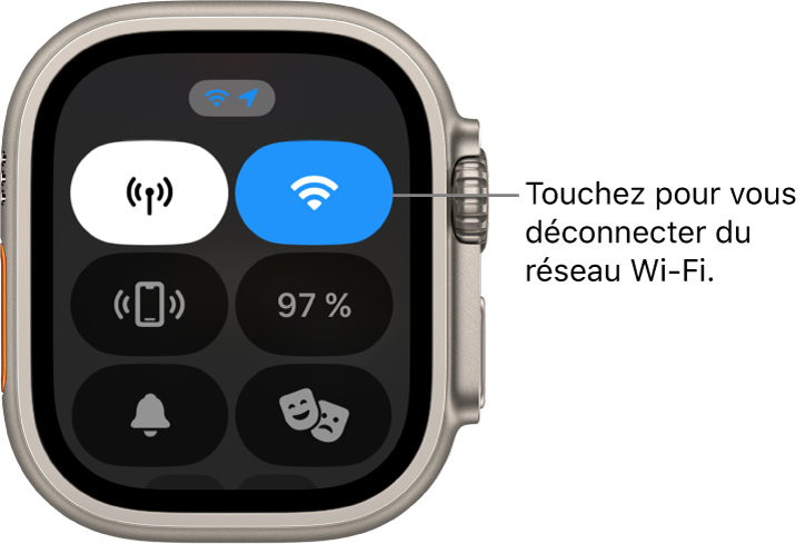 Le centre de contrôle sur l’Apple Watch Ultra, avec le bouton Wi-Fi dans le coin supérieur droit. La légende indique « Touchez pour vous déconnecter du Wi-Fi ».