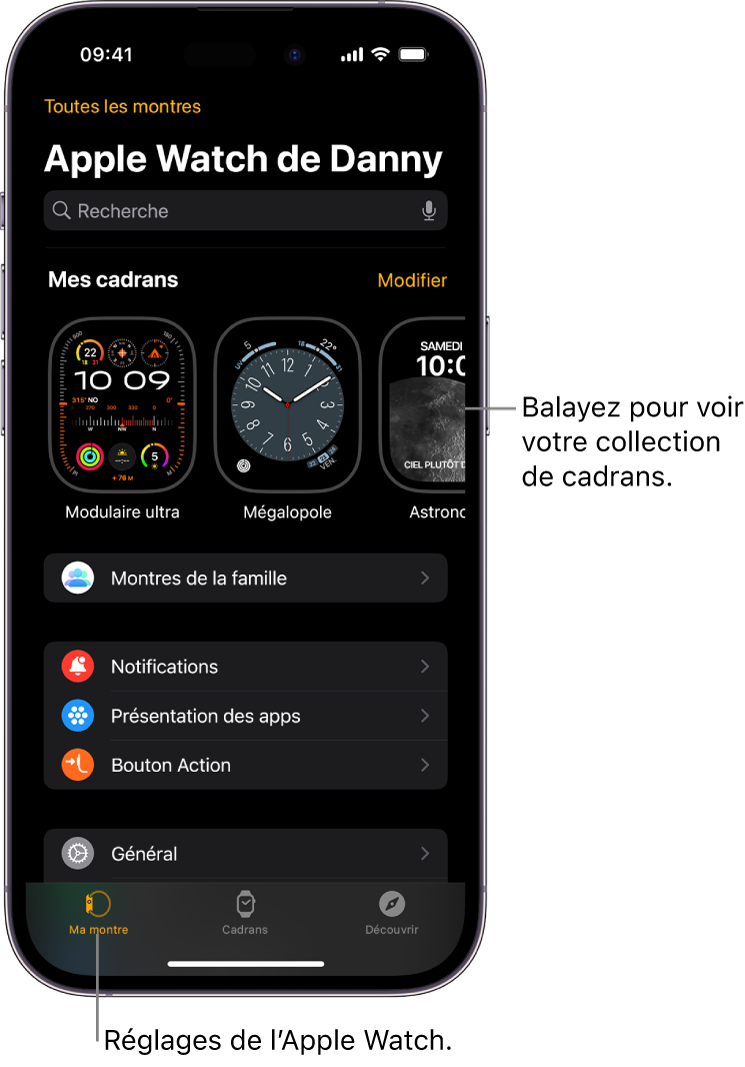App Apple Watch sur l’iPhone ouverte à l’écran Ma montre, qui montre des cadrans en haut et des réglages en dessous. Le bas de l’écran de l’app Apple Watch présente trois onglets : l’onglet de gauche est « Ma montre », où vous pouvez ajuster les réglages de l’Apple Watch ; à côté se trouve Cadrans, où vous pouvez découvrir les cadrans et complications disponibles ; et enfin l’onglet Découvrir, où vous pouvez en apprendre davantage sur l’Apple Watch.