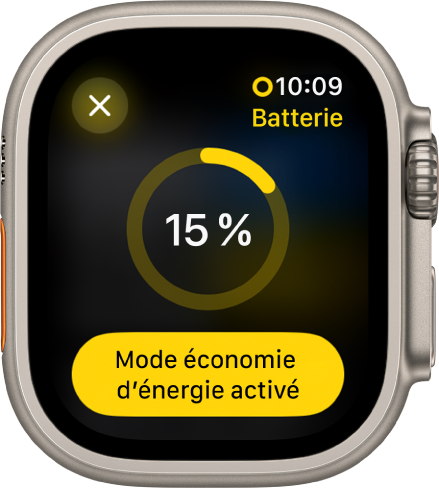 L’écran Mode économie d’énergie avec un anneau jaune en partie rempli indiquant la charge restante. 15 pour cent est affiché au milieu de l’anneau. Le bouton Mode économie d’énergie activé figure en bas de l’écran. Un bouton Fermer se trouve en haut à gauche.