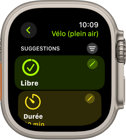 L’app Exercice affichant un écran pour la modification d’un exercice Vélo (plein air). La vignette Libre se trouve au centre, avec un bouton Modifier en haut à droite. Une partie de la vignette Durée se trouve en dessous.