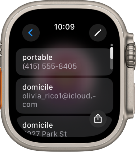 L’app Contacts affichant les coordonnées d’un contact. Le bouton Modifier apparaît en haut à droite. Trois champs apparaissent au milieu de l’écran : numéro de téléphone, adresse e-mail et adresse du domicile. Un bouton Partager se trouve en bas à droite et un bouton Retour est en haut à gauche.