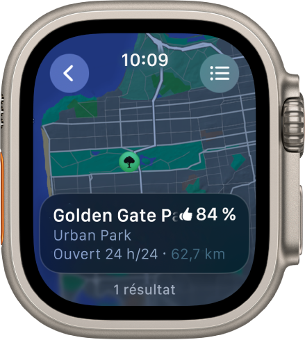 L’app Plans présentant un plan du Golden Gate Park à San Francisco avec une évaluation du parc, ses horaires d’ouverture et la distance à laquelle il se trouve par rapport à votre position actuelle. Un bouton Itinéraires se trouve en haut à droite. Un bouton Retour se trouve en haut à gauche.