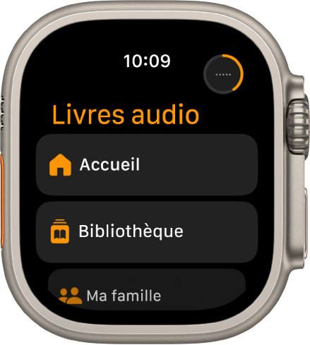 L’app Livres audio présentant les boutons Accueil, Bibliothèque et Ma famille.