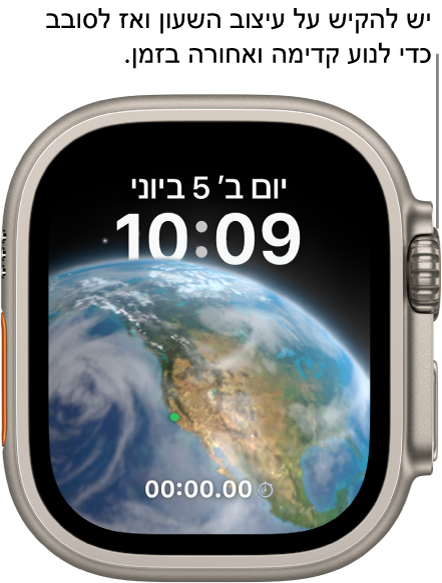 עיצוב השעון ״אסטרונומיה״ המציג את היום, התאריך והשעה הנוכחית. תצוגת ״ספירה לאחור״ נמצאת בתחתית. יש להקיש על עיצוב השעון ולסובב את ה‑Digital Crown כדי לנוע קדימה או אחורה בזמן.
