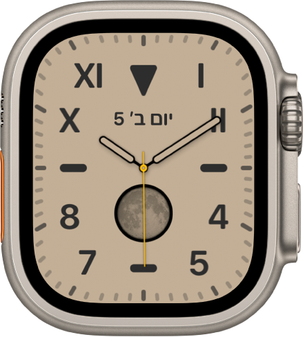 עיצוב השעון ״קליפורניה״, עם שילוב של ספרות רומיות וספרות רגילות. הוא מציג את התאריך ואת תצוגת ״מופע הירח״.