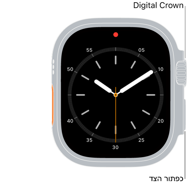 החזית של ה-Apple Watch Ultra. ה-Digital Crown מוצג למעלה משמאל לשעון וכפתור הצד מוצג למטה משמאל.