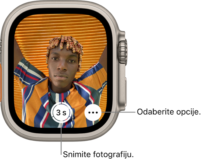 Dok se koristi kao upravljač kamere, zaslon Apple Watcha prikazuje ono što je u kadru iPhone kamere. Tipka za snimanje fotografije nalazi se u donjem središnjem dijelu, a tipka Više opcija nalazi se s desne strane. Ako ste snimili fotografiju, tipka za prikaz fotografije nalazi se u donjem lijevom kutu.