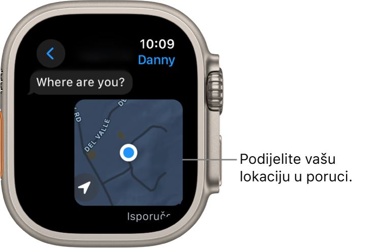 U aplikaciji Poruke prikazana je karta s označenom lokacijom osobe.