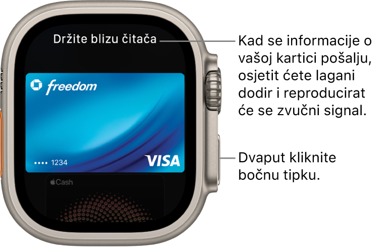 Zaslon Apple Pay s prikazom opcije “Držite blizu čitača” pri vrhu zaslona; osjetit ćete blagi dodir i čut ćete zvuk kad su podaci o vašoj kartici poslani.